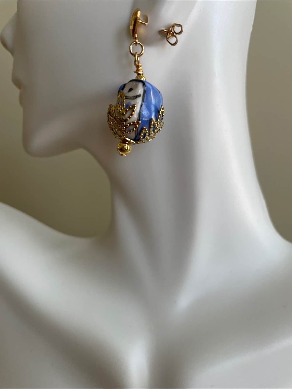 HAND CRAFTED WHIMSICAL CERAMIC BLUE OWL in a NEST EARRINGS Dangle Drop Novelty - Picture 4 of 7